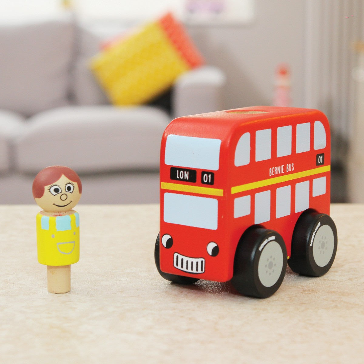 Indigo Jamm Mini Bernie Bus Wooden Toy with Removable Peg Person for Toddlers