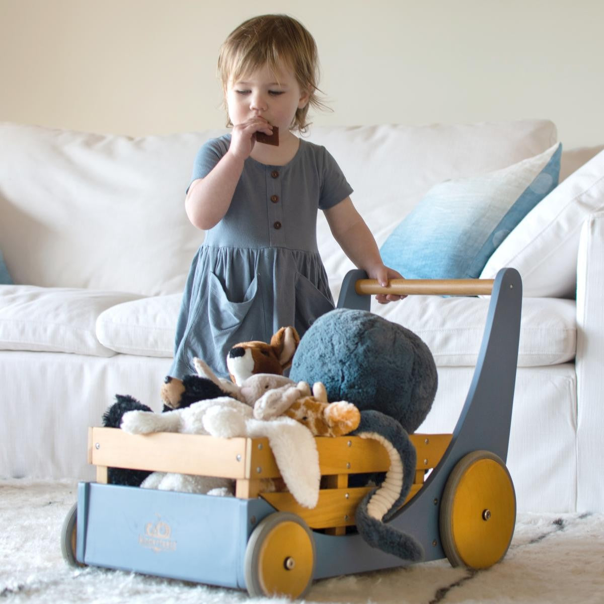 Kinderfeets Cargo Walker Slate Blue Wooden Push Toy for Toddlers