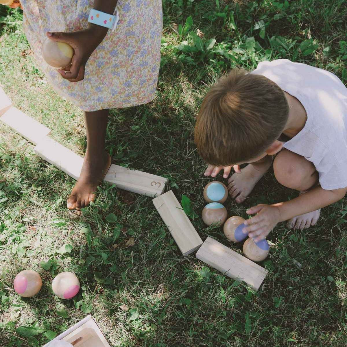 Kinderfeets Boules Wooden Toss Game for Family Fun with Storage Crate