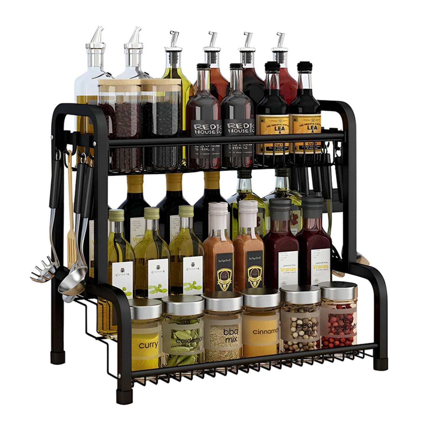 Hivvago 2-Tier Countertop Spice Rack with Hooks – Kitchen Storage Organizer
