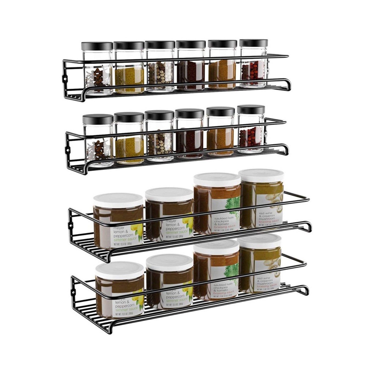 Hivvago 4-Pack Spice Rack Organizer – Wall or Cabinet Mount Kitchen Storage