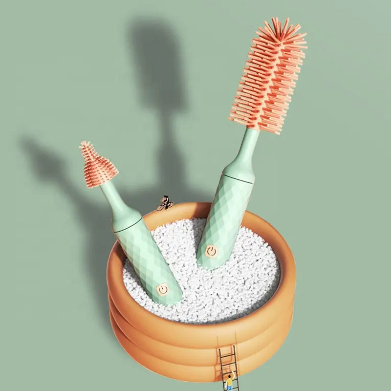 360° Rotation Long Handle Reusable Silicone Baby Bottle Brush Set