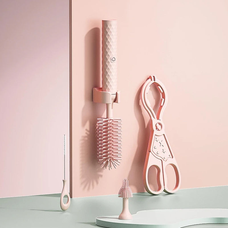 360° Rotation Long Handle Reusable Silicone Baby Bottle Brush Set