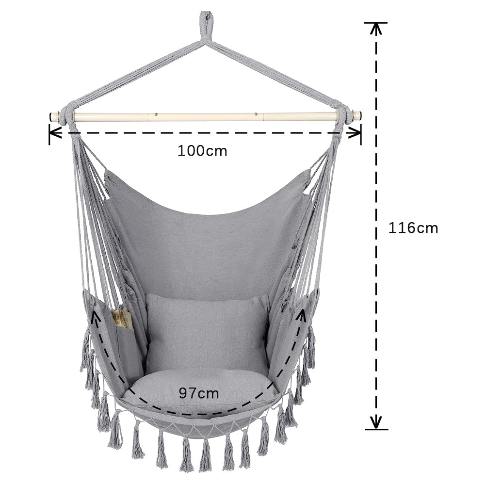 HYPERANGER Hammock Chair Hanging Rope Swing with 2 Cushions-Grey