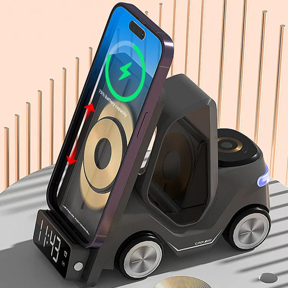 3 in 1 Fast Charging Wireless Charger with Digital Clock  Display-Type-C Plugged-in