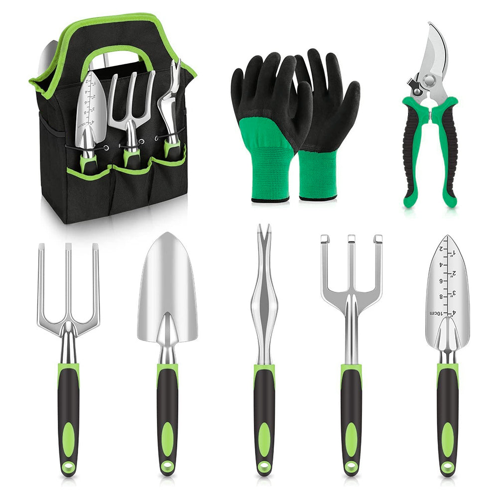 GreenHaven Garden Tool Set - 8 Piece Stainless Steel Set with Carrying Tote