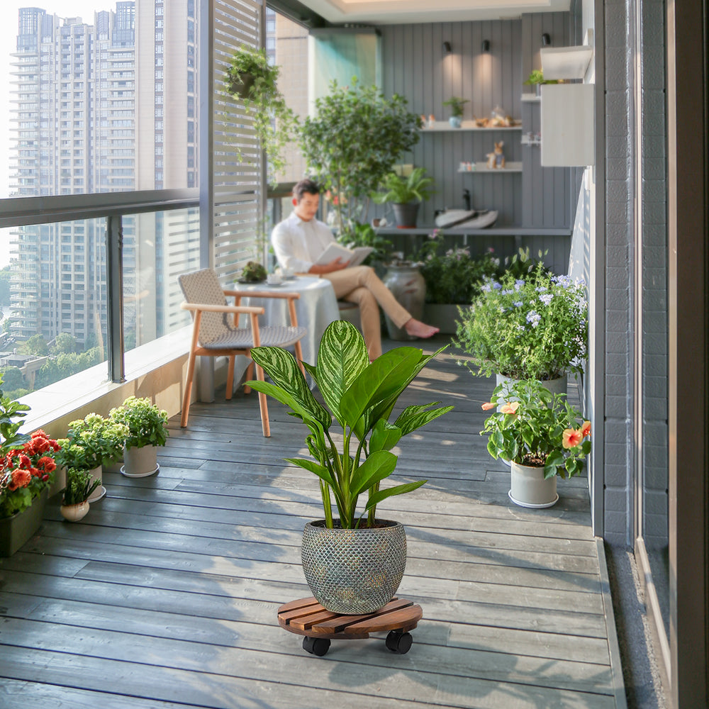 GREENHAVEN 2 Pack Plant Caddy with Lockable Wheels - Wood Color