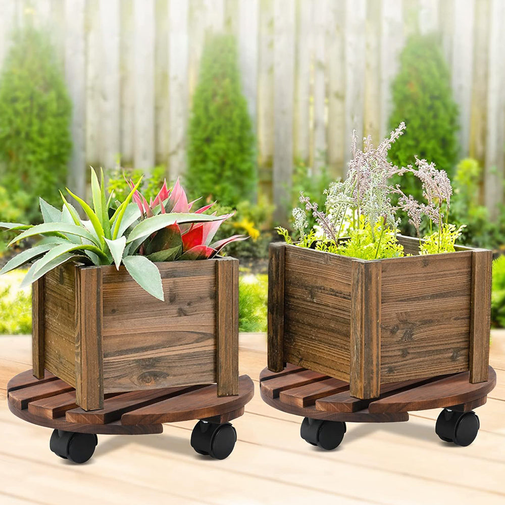 GREENHAVEN 2 Pack Plant Caddy with Lockable Wheels - Wood Color