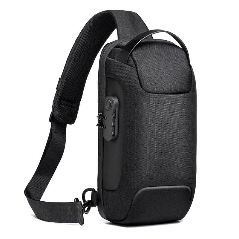 Men's Waterproof Anti-Theft Oxford Crossbody Sling Backpack with USB Port Charger- Black