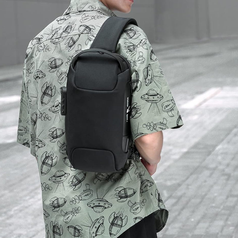 Men's Waterproof Anti-Theft Oxford Crossbody Sling Backpack with USB Port Charger- Black