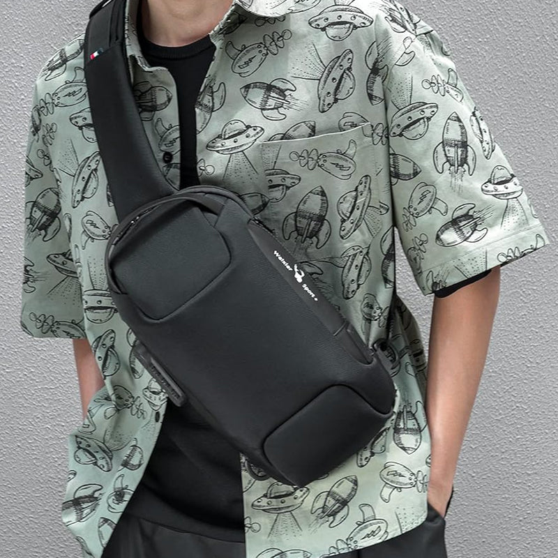 Men's Waterproof Anti-Theft Oxford Crossbody Sling Backpack with USB Port Charger- Black