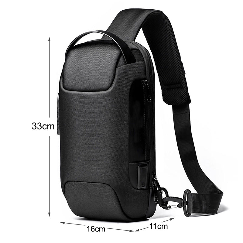 Men's Waterproof Anti-Theft Oxford Crossbody Sling Backpack with USB Port Charger- Black