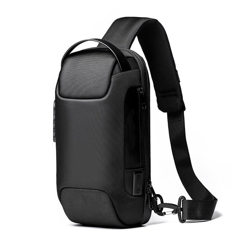 Men's Waterproof Anti-Theft Oxford Crossbody Sling Backpack with USB Port Charger- Black