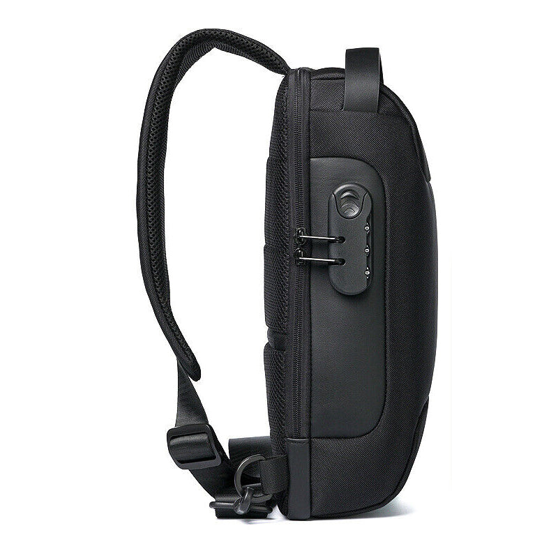 Men's Waterproof Anti-Theft Oxford Crossbody Sling Backpack with USB Port Charger- Black