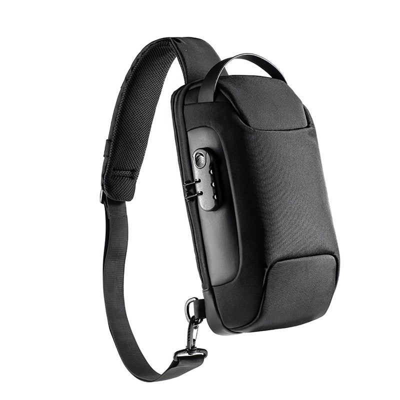 Men's Waterproof Anti-Theft Oxford Crossbody Sling Backpack with USB Port Charger- Black