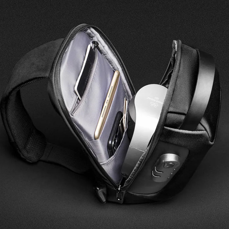 Men's Waterproof Anti-Theft Oxford Crossbody Sling Backpack with USB Port Charger- Black