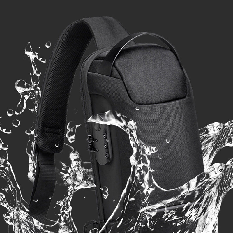 Men's Waterproof Anti-Theft Oxford Crossbody Sling Backpack with USB Port Charger- Black