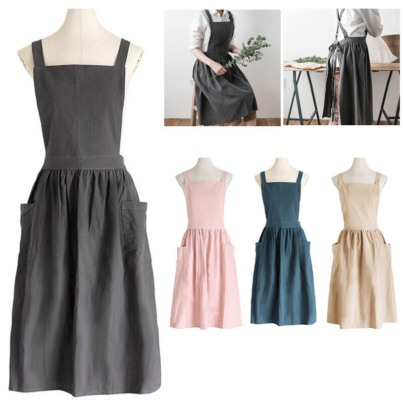Women Cotton Linen Cross Apron Housework Baking Protector