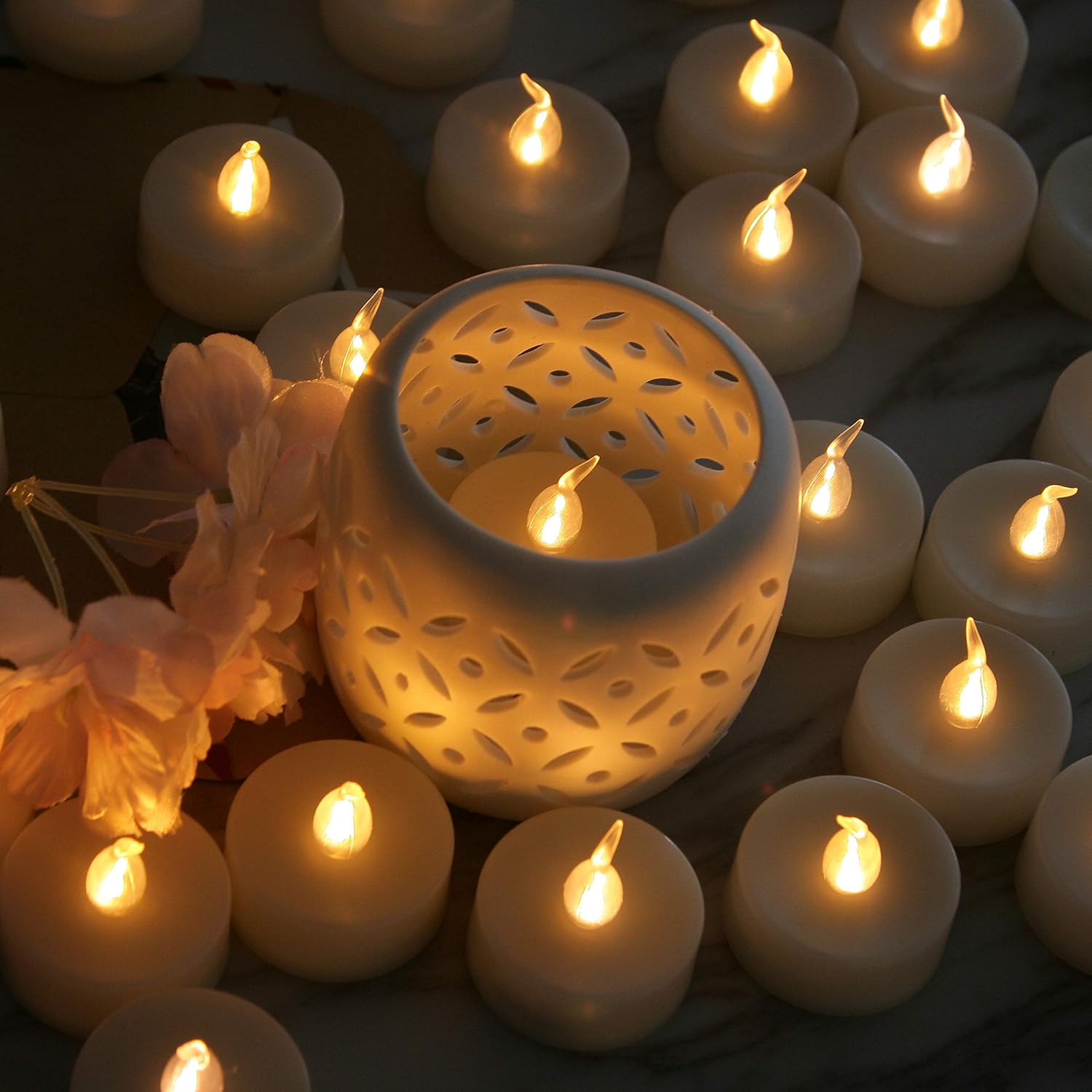 Pack of 12 Flameless Flickering LED Tealight Candles - Battery Operated