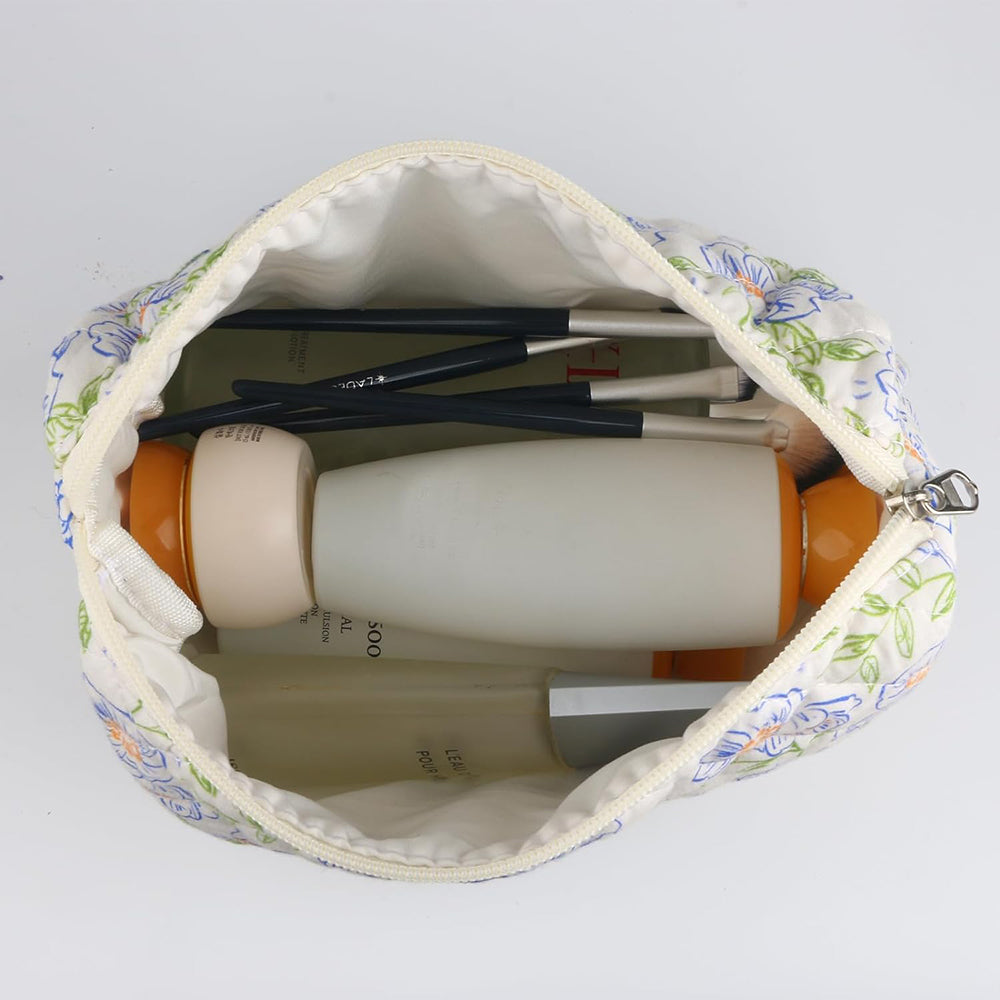 Quilted Floral Makeup Bag Set for Travel Coquette Aesthetic Cosmetic Bags (2-Piece)