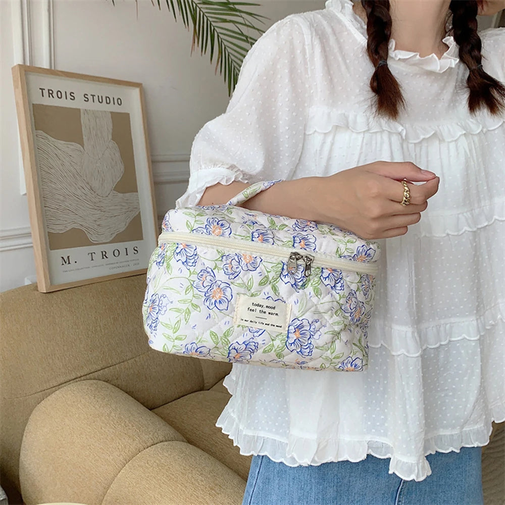 Quilted Floral Makeup Bag Set for Travel Coquette Aesthetic Cosmetic Bags (2-Piece)