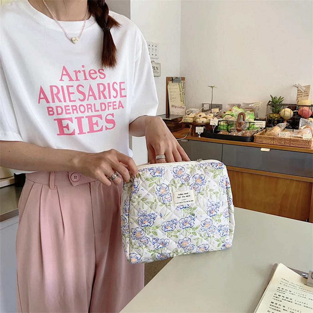 Quilted Floral Makeup Bag Set for Travel Coquette Aesthetic Cosmetic Bags (2-Piece)
