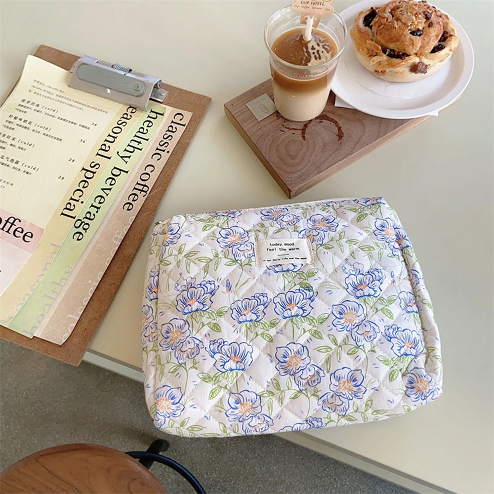 Quilted Floral Makeup Bag Set for Travel Coquette Aesthetic Cosmetic Bags (2-Piece)