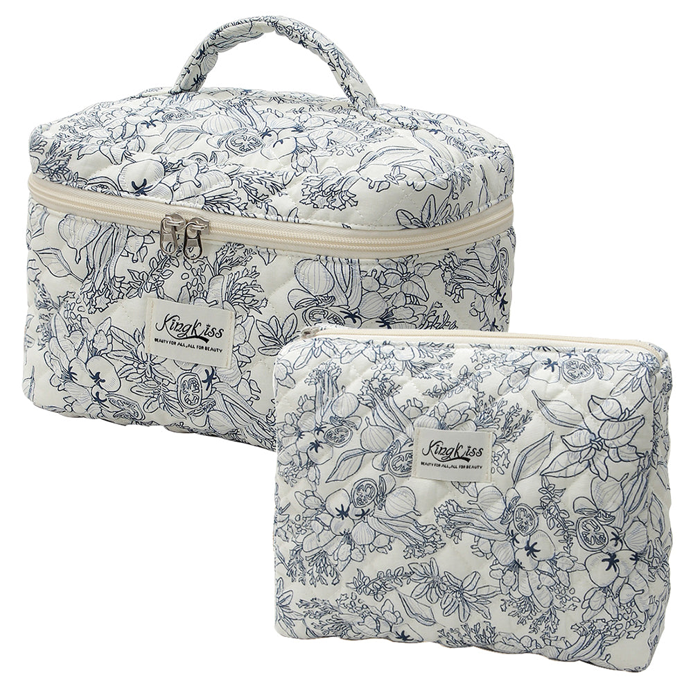Quilted Floral Makeup Bag Set for Travel Coquette Aesthetic Cosmetic Bags (2-Piece)