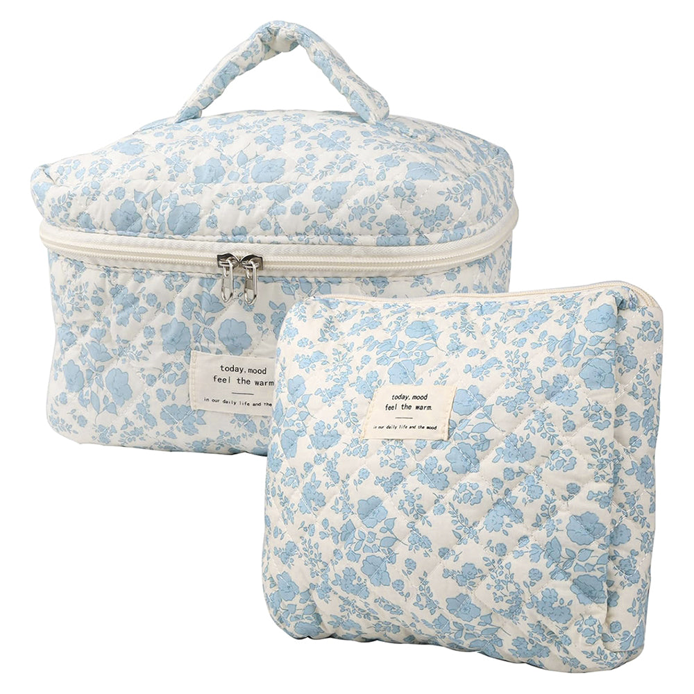 Quilted Floral Makeup Bag Set for Travel Coquette Aesthetic Cosmetic Bags (2-Piece)
