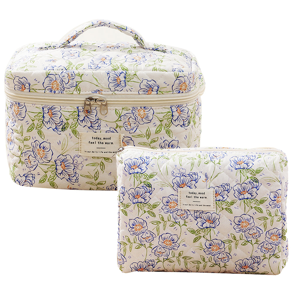 Quilted Floral Makeup Bag Set for Travel Coquette Aesthetic Cosmetic Bags (2-Piece)