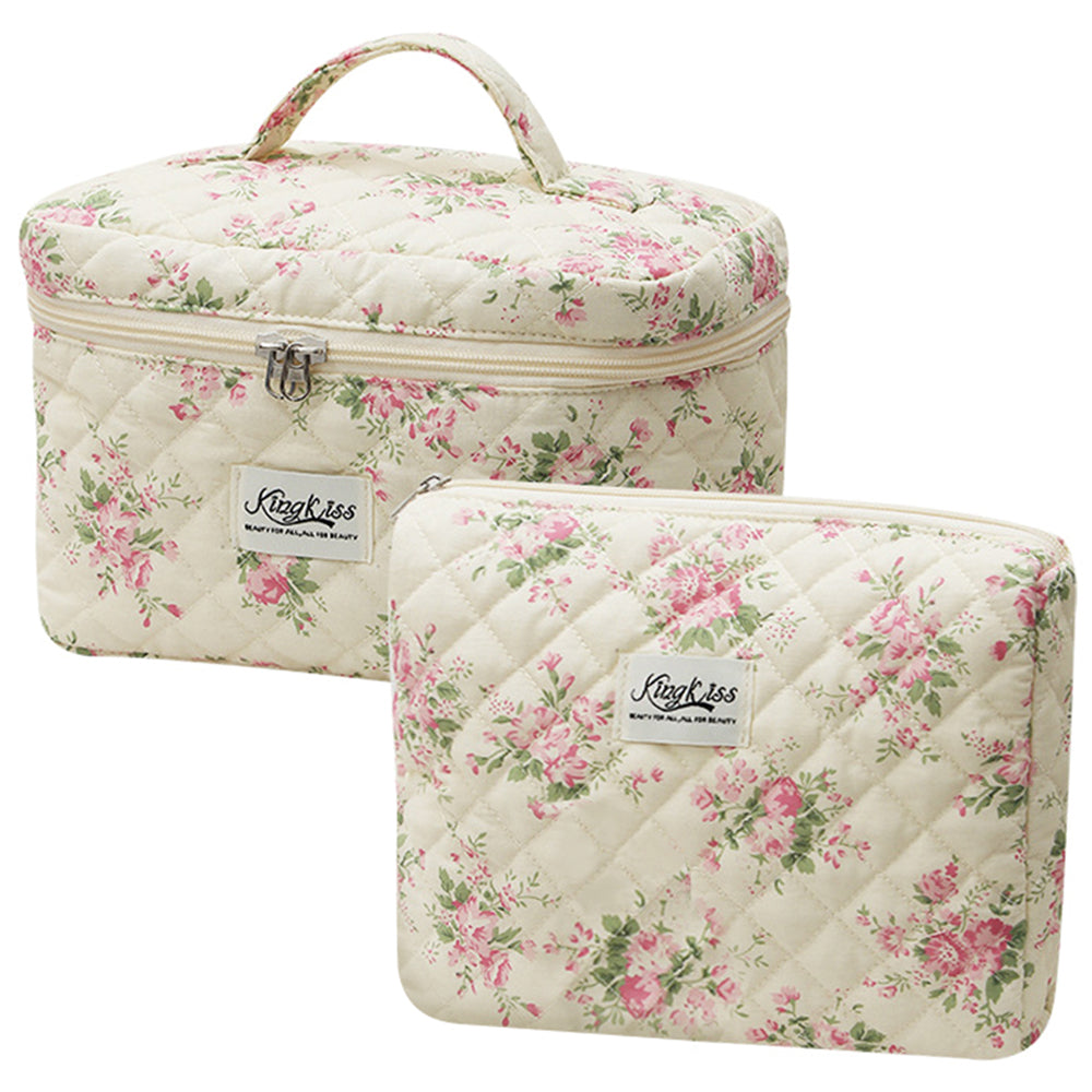Quilted Floral Makeup Bag Set for Travel Coquette Aesthetic Cosmetic Bags (2-Piece)