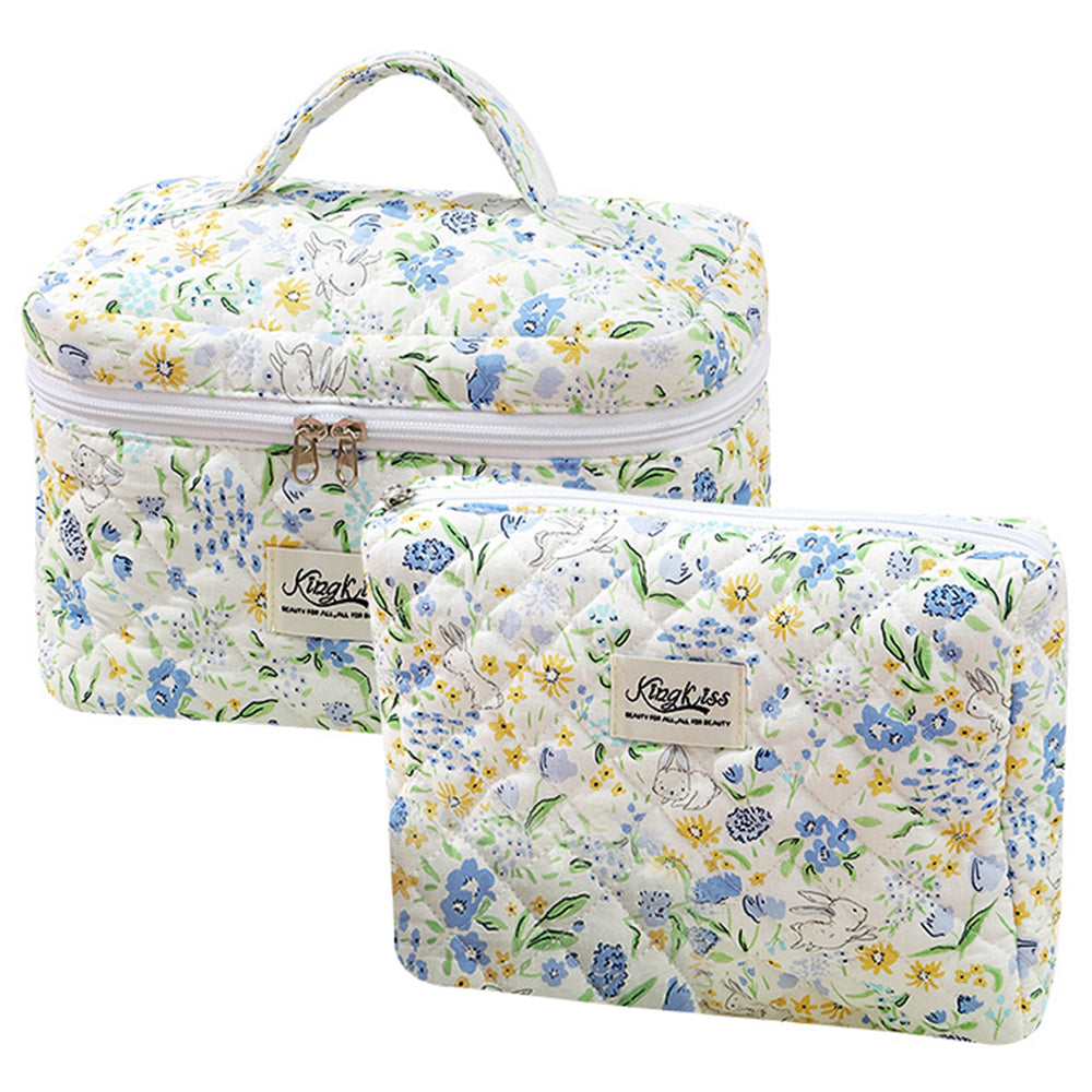 Quilted Floral Makeup Bag Set for Travel Coquette Aesthetic Cosmetic Bags (2-Piece)