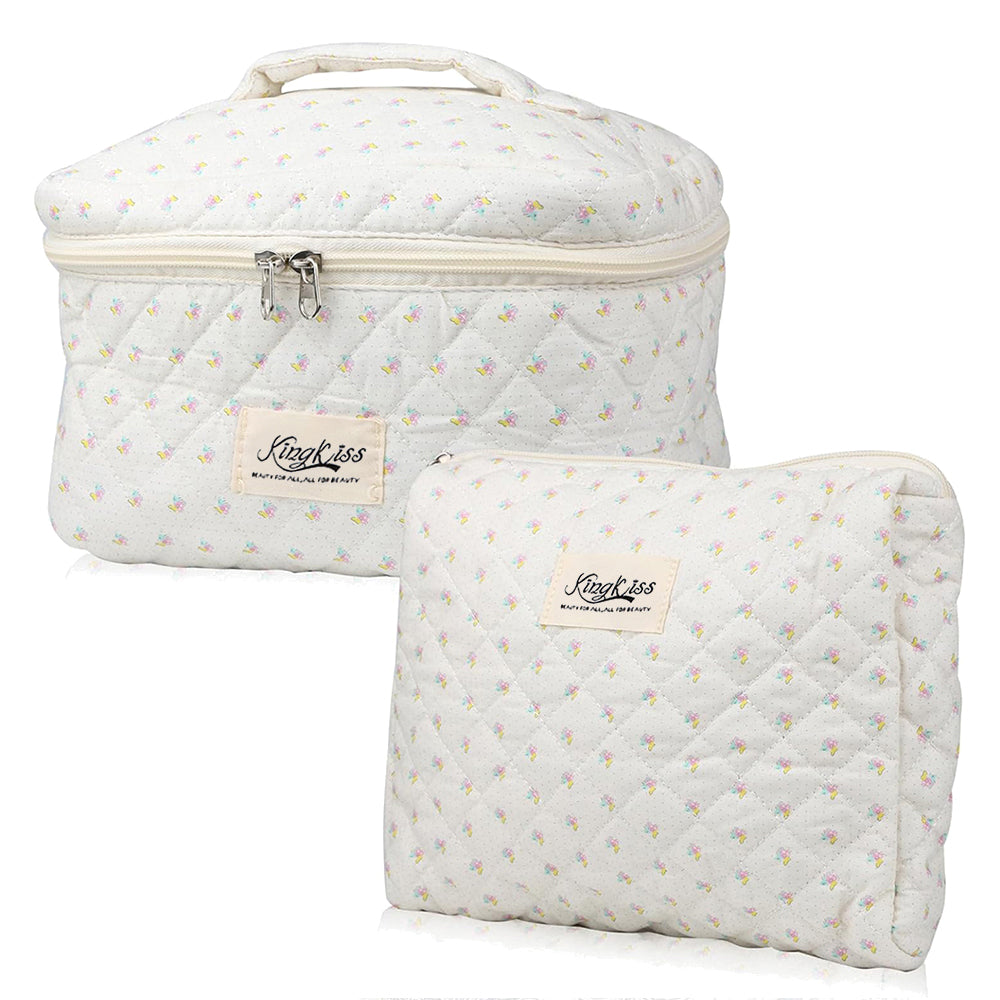 Quilted Floral Makeup Bag Set for Travel Coquette Aesthetic Cosmetic Bags (2-Piece)