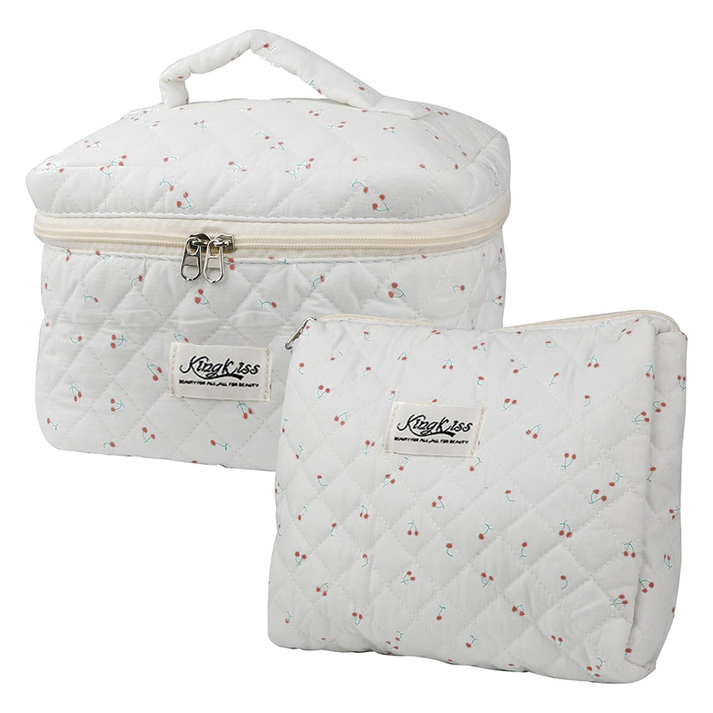 Quilted Floral Makeup Bag Set for Travel Coquette Aesthetic Cosmetic Bags (2-Piece)