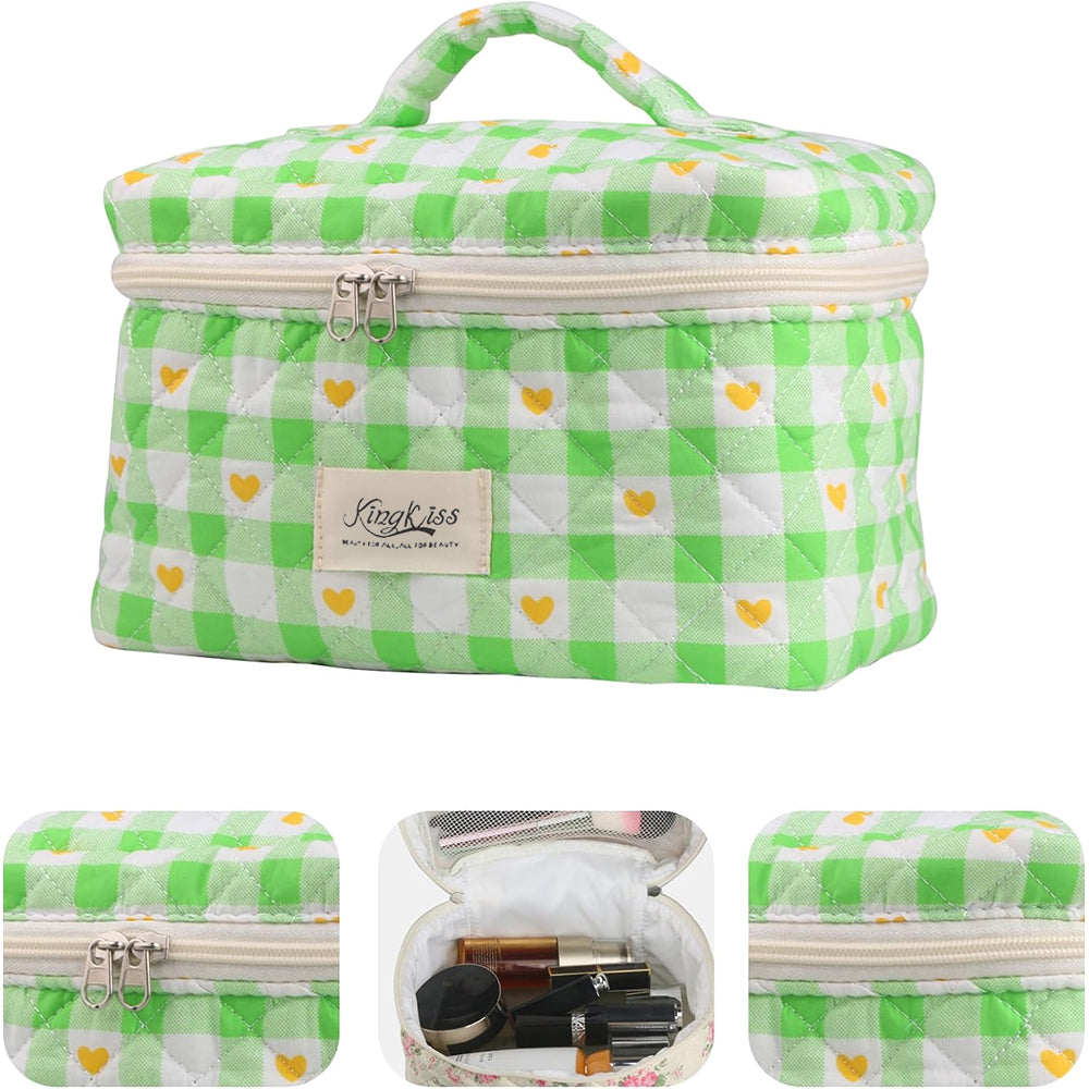 Quilted Floral Makeup Bag Set for Travel Coquette Aesthetic Cosmetic Bags (2-Piece)