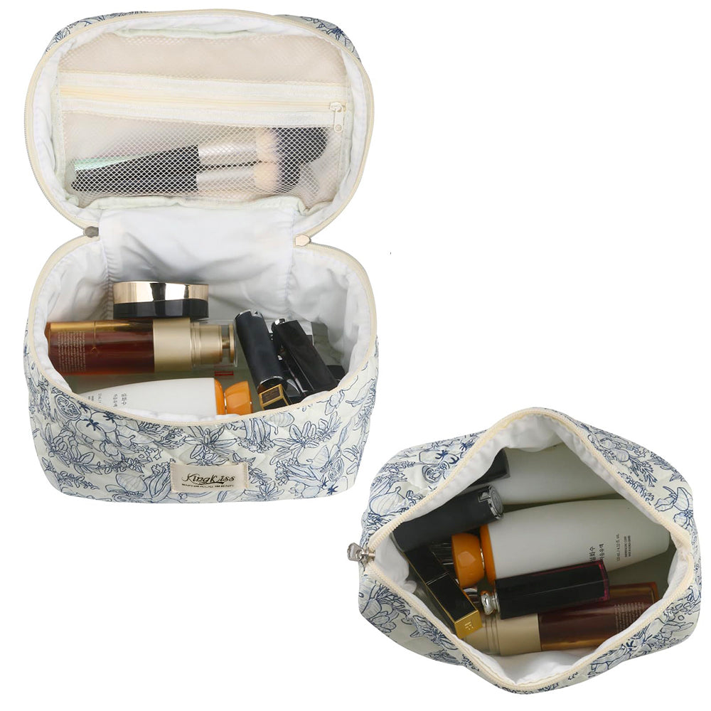 Quilted Floral Makeup Bag Set for Travel Coquette Aesthetic Cosmetic Bags (2-Piece)