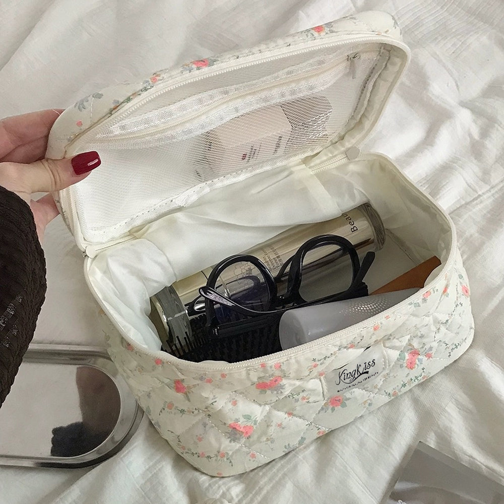 Quilted Floral Makeup Bag Set for Travel Coquette Aesthetic Cosmetic Bags (2-Piece)