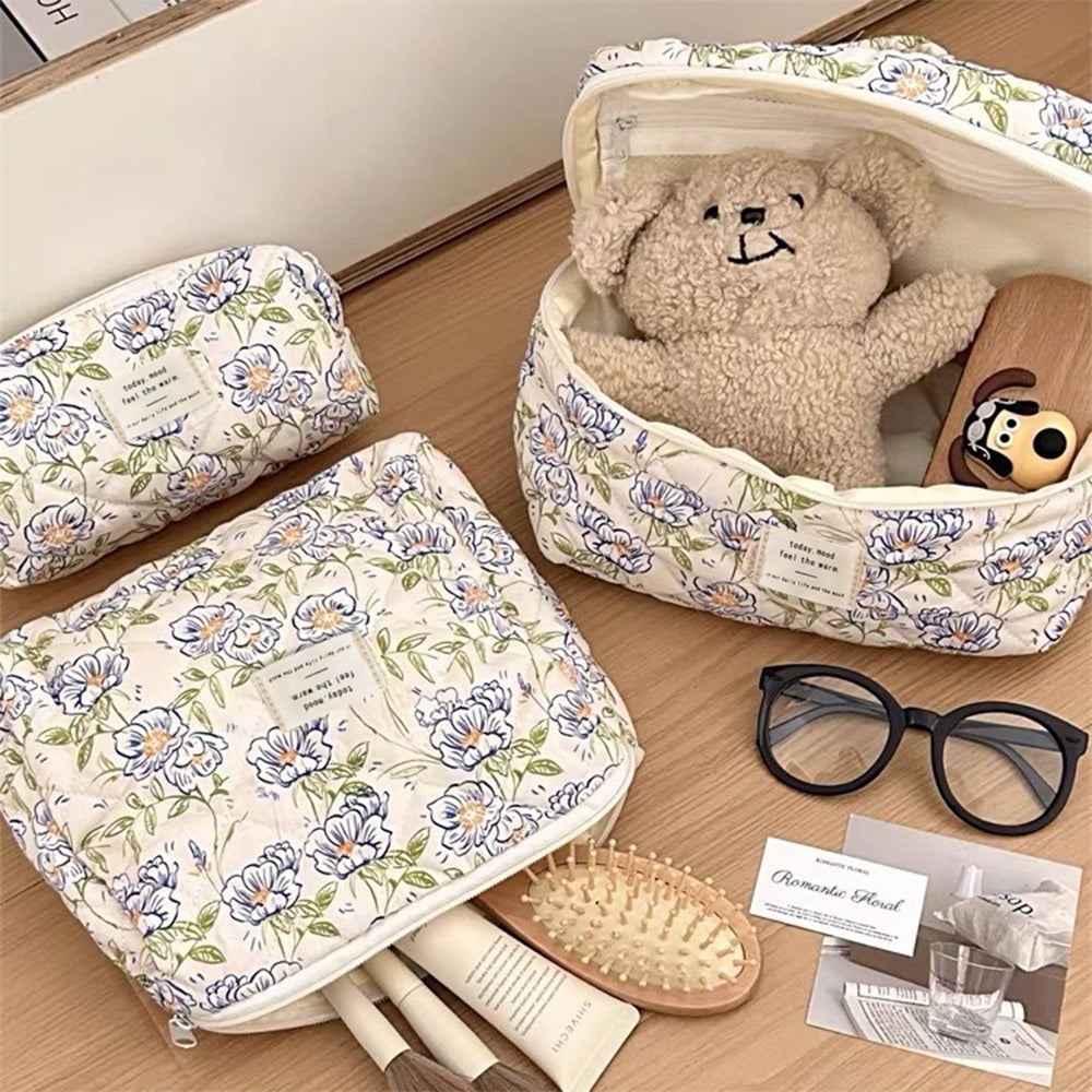 Quilted Floral Makeup Bag Set for Travel Coquette Aesthetic Cosmetic Bags (2-Piece)