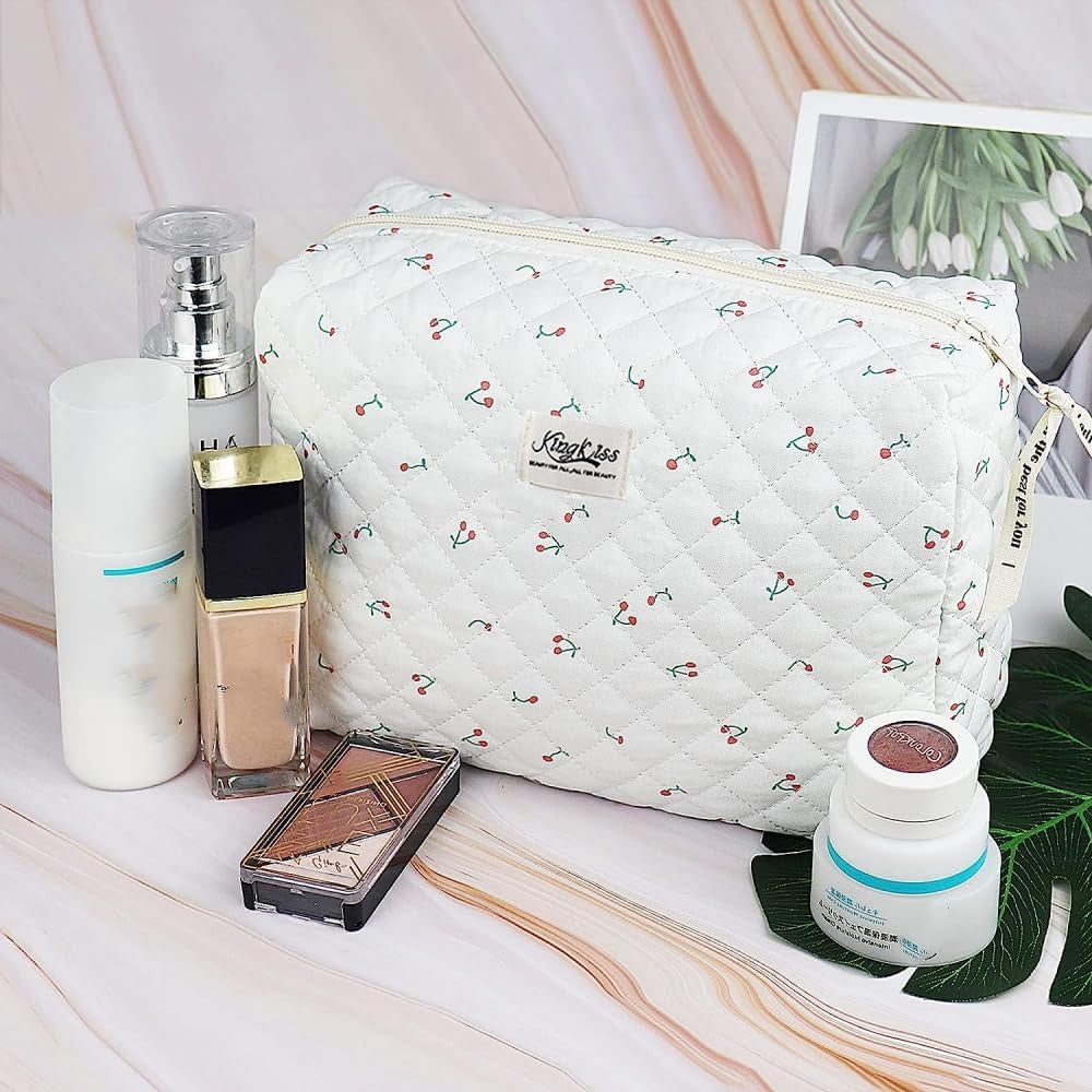 Quilted Floral Makeup Bag Set for Travel Coquette Aesthetic Cosmetic Bags (2-Piece)