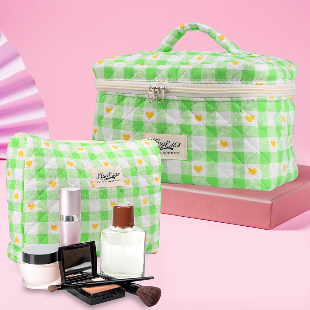 Quilted Floral Makeup Bag Set for Travel Coquette Aesthetic Cosmetic Bags (2-Piece)