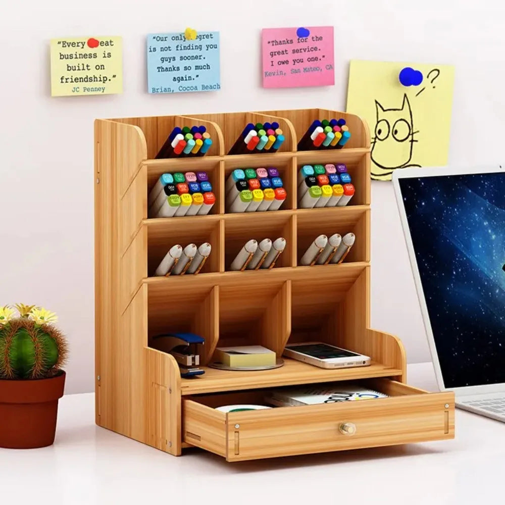 Wooden Desk Organizer Student Stationery Storage Box