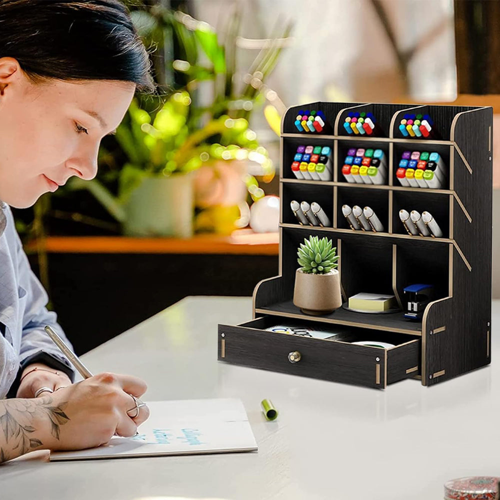 Wooden Desk Organizer Student Stationery Storage Box