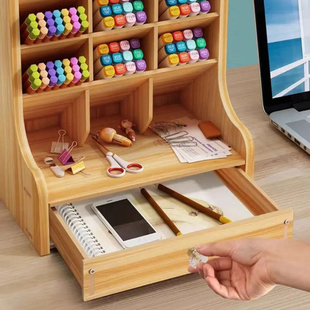 Wooden Desk Organizer Student Stationery Storage Box