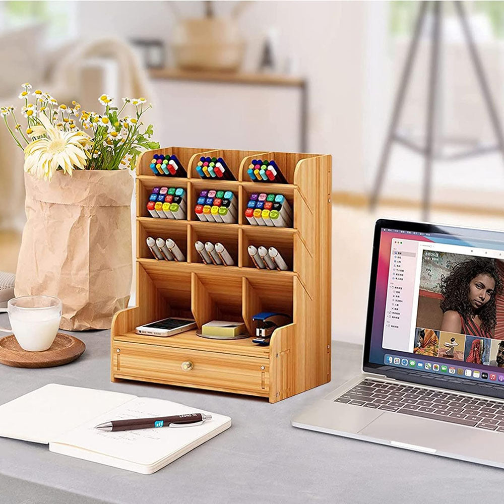Wooden Desk Organizer Student Stationery Storage Box