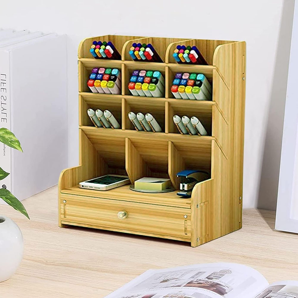 Wooden Desk Organizer Student Stationery Storage Box