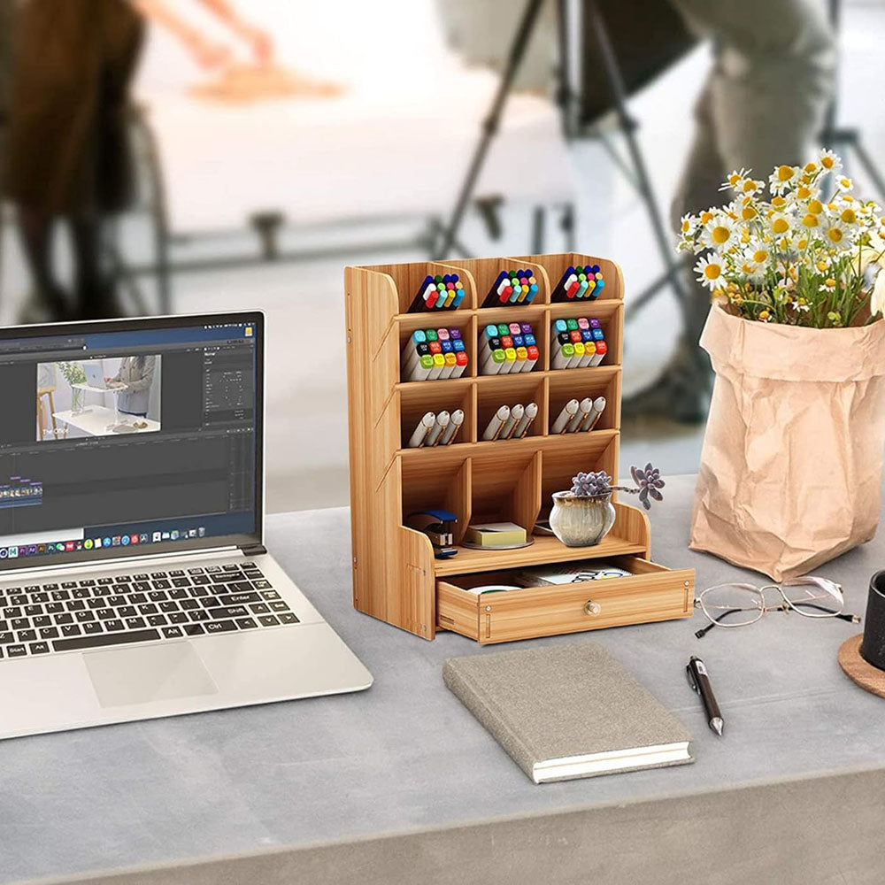 Wooden Desk Organizer Student Stationery Storage Box