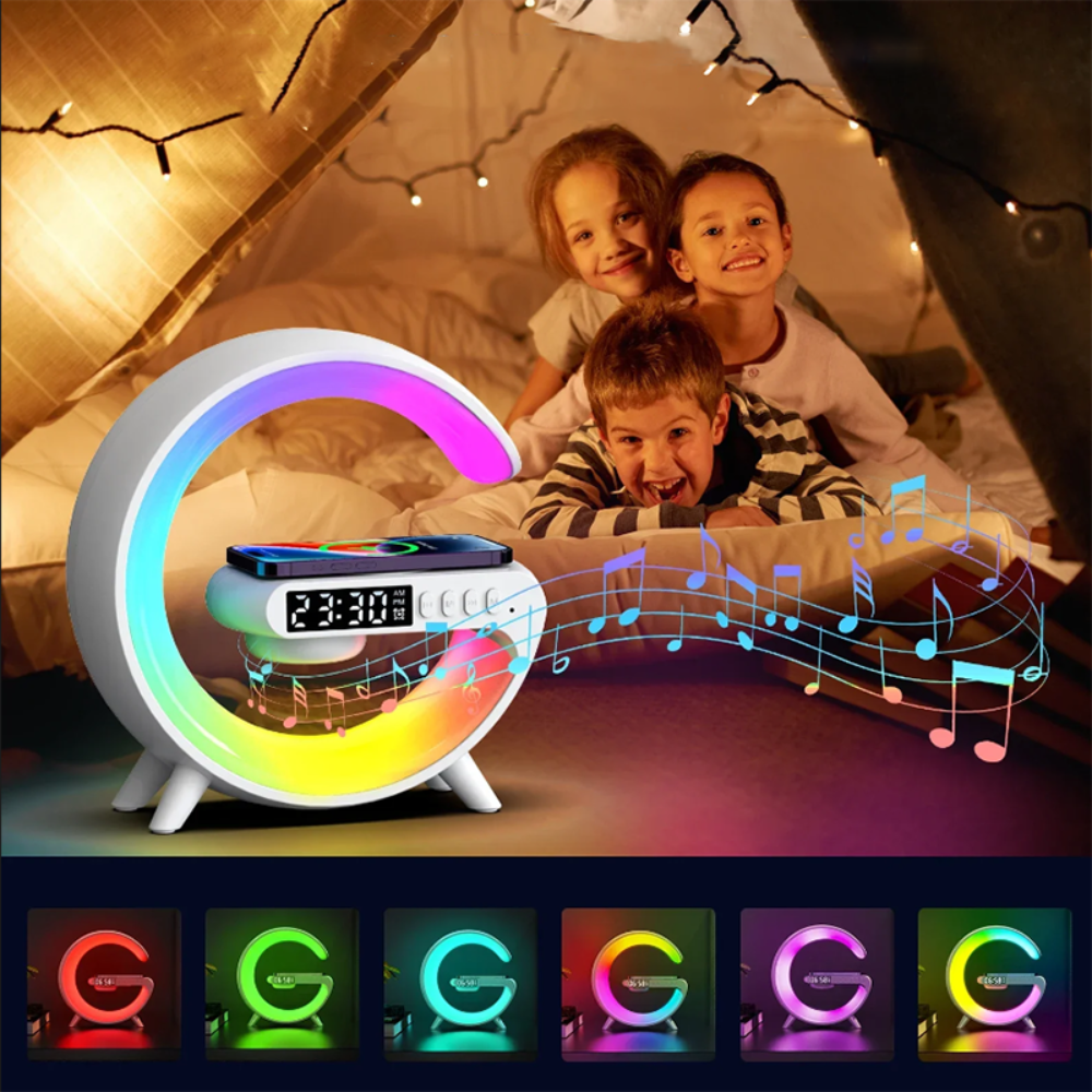 15W Wireless Charger Alarm Clock with RGB Night Light & Bluetooth Speaker