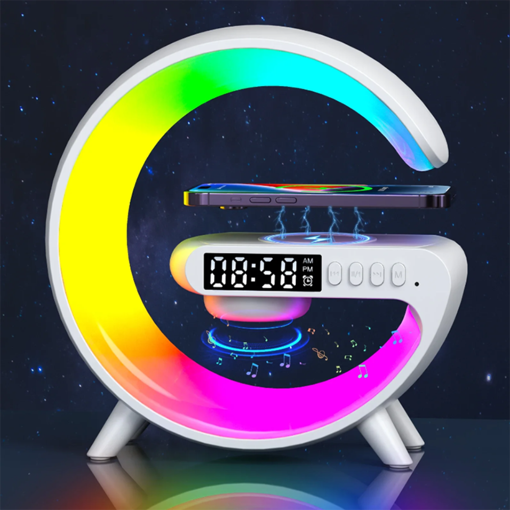 15W Wireless Charger Alarm Clock with RGB Night Light & Bluetooth Speaker