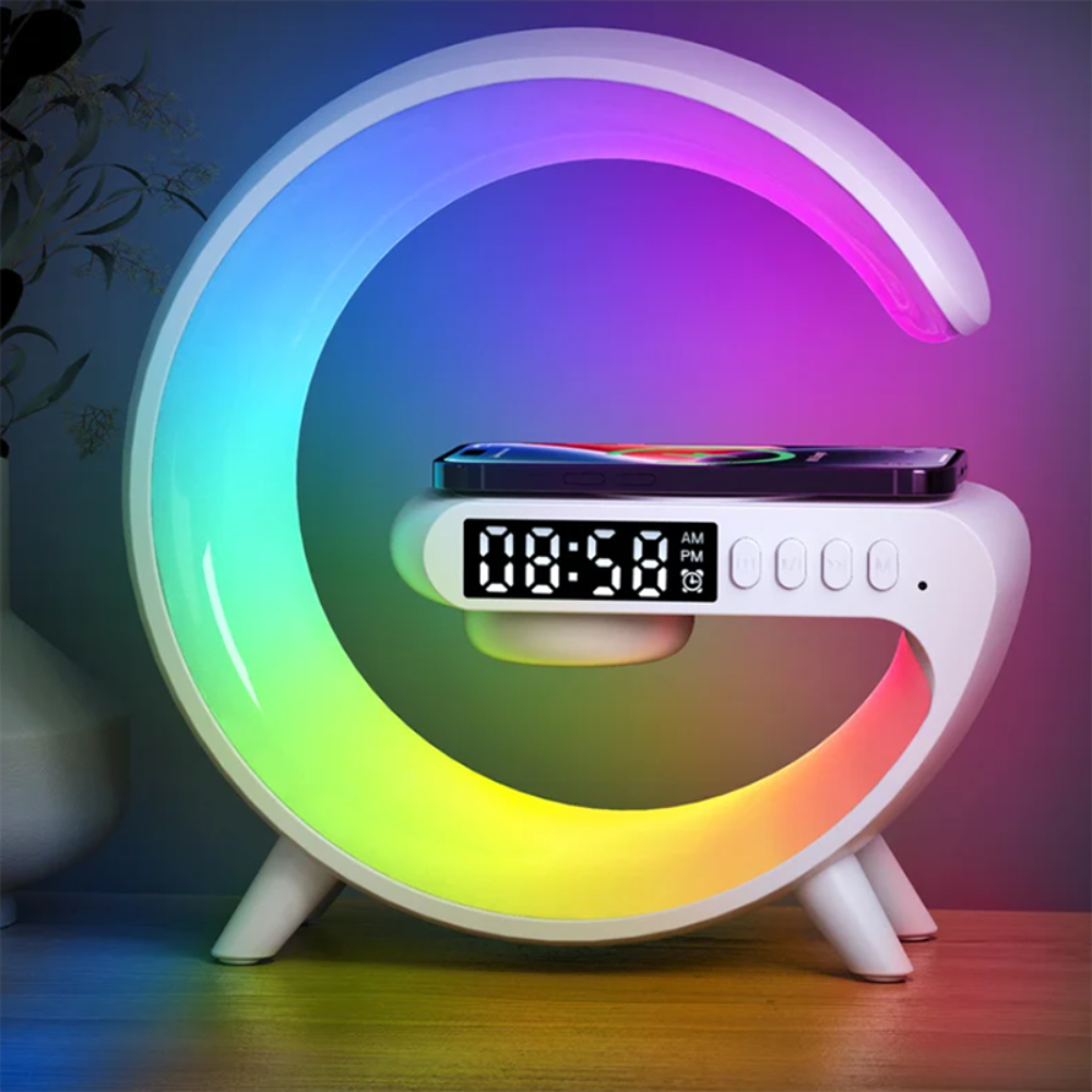 15W Wireless Charger Alarm Clock with RGB Night Light & Bluetooth Speaker