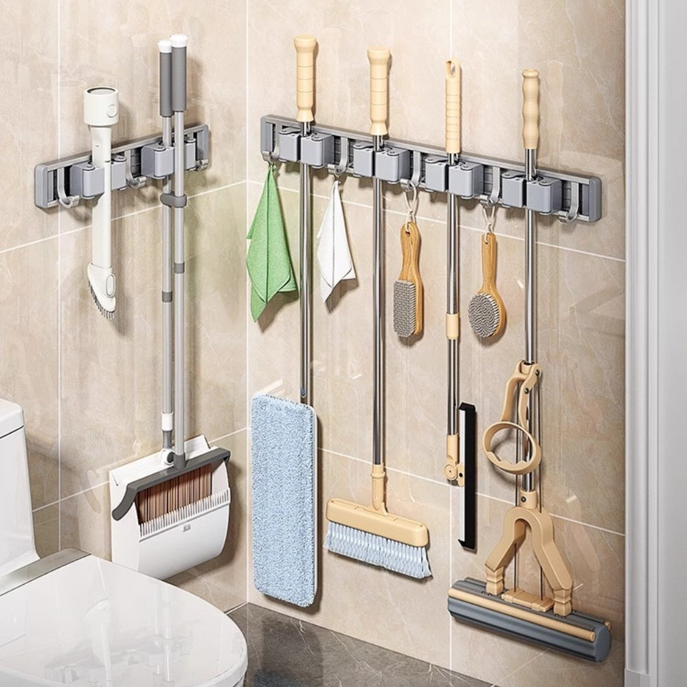 Wall Mounted Strong Broom Mop Holder Self Hooks Organizers